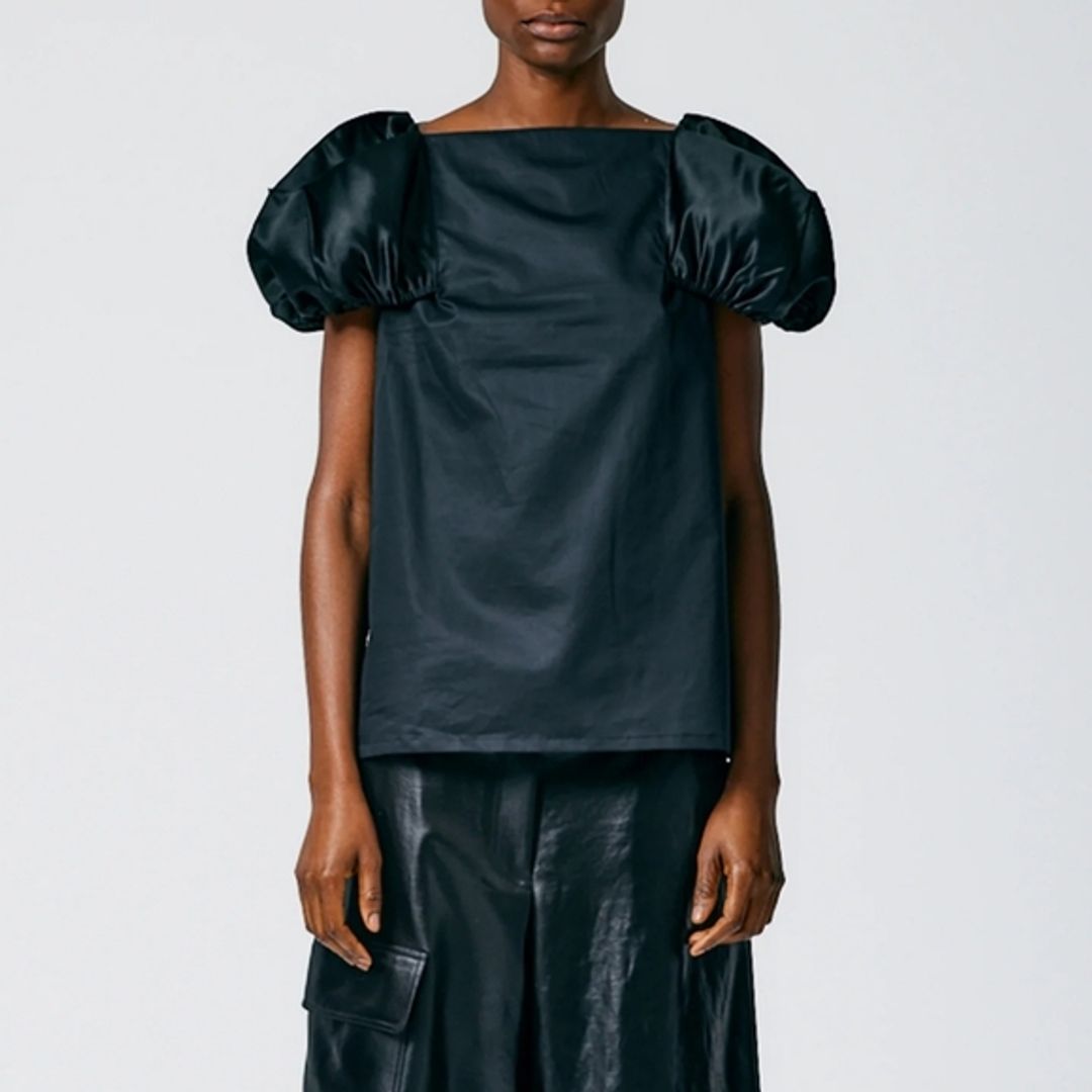 Tibi Black Cotton Sateen Box Sleeve Top