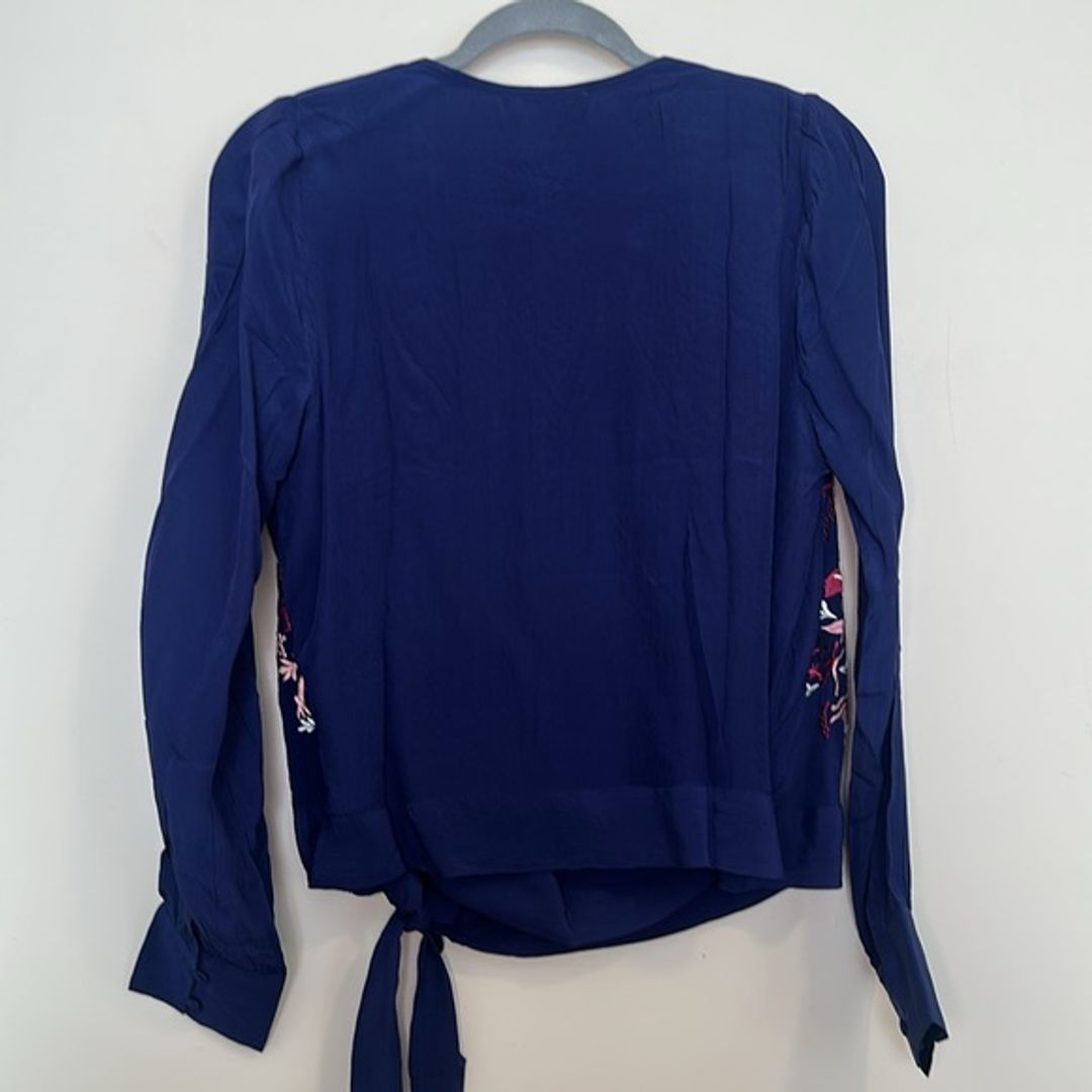NWT Anthropologie Chloe Oliver Blue Floral Embroidered Tie Front Blouse