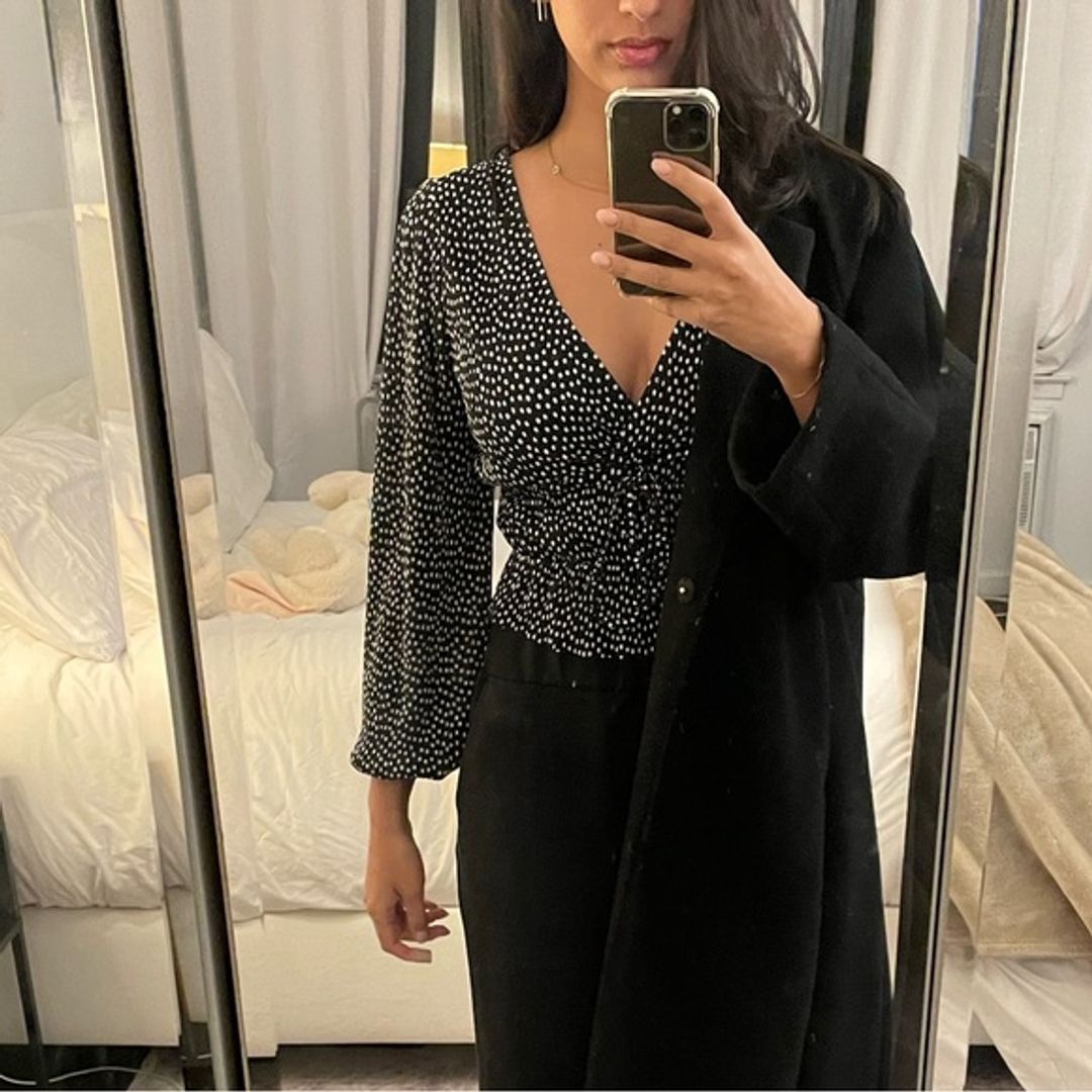 Zara Black & White Polka Dot Blouse with Balloon Sleeves