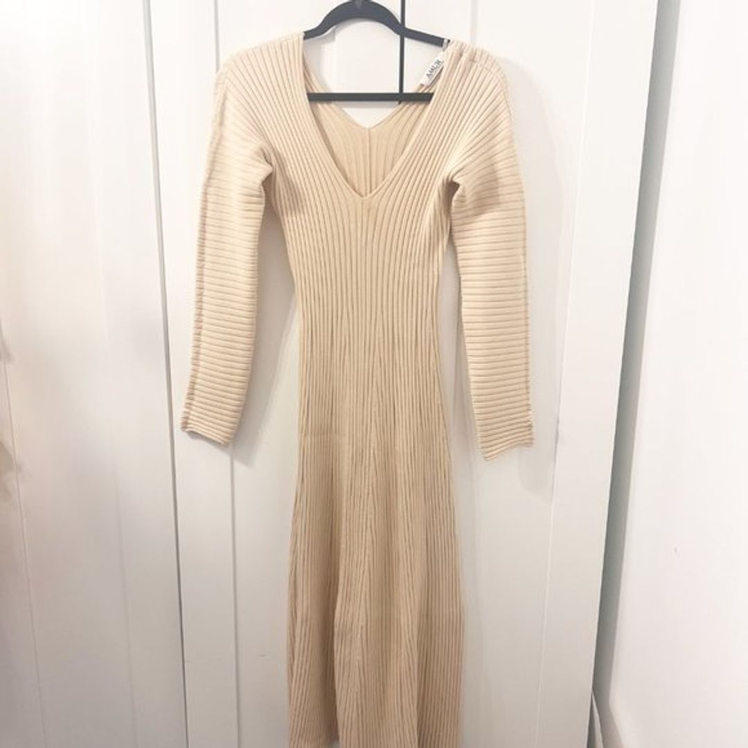 Amur Fawn Rib-Knit V-Neck Midi Dress