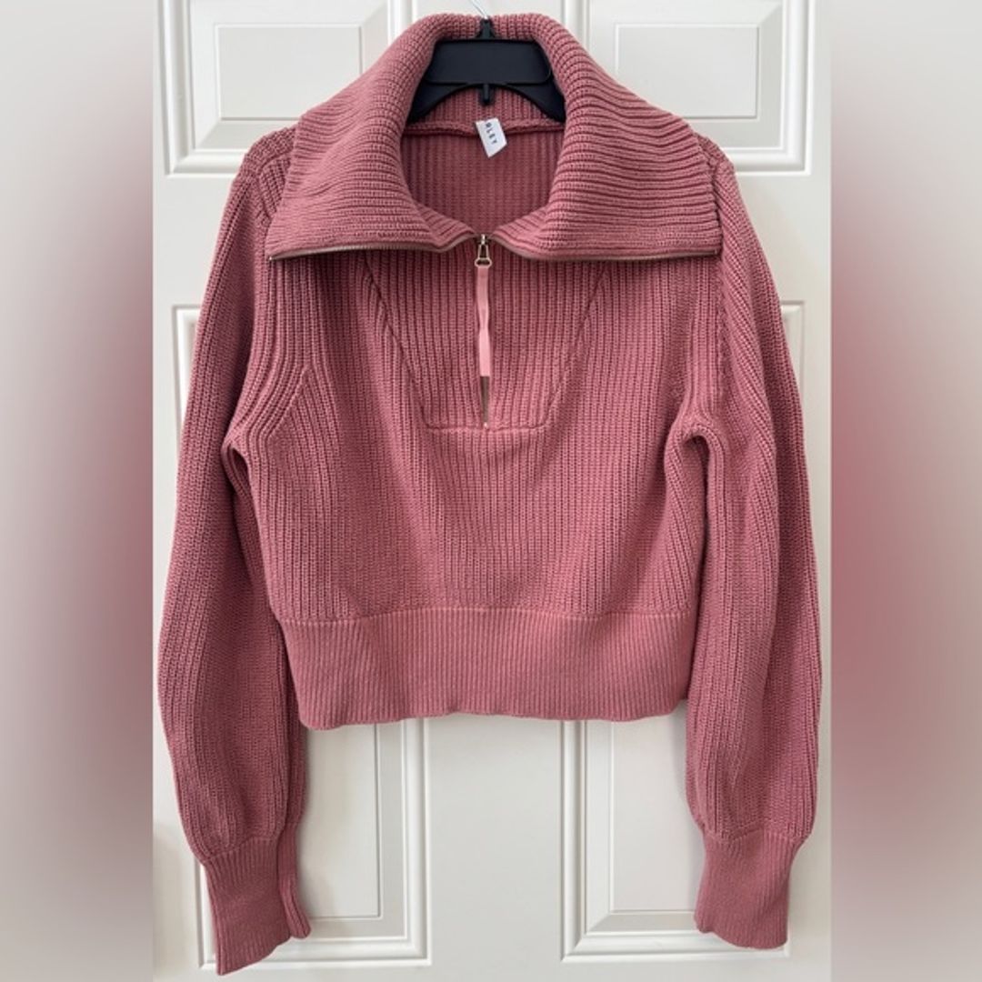 Varley Mentone Half Zip Rose Pink Ribbed V-Neck Sweater