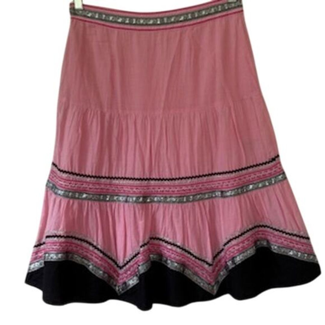 TIBI Pink with Black and Silver Accents Cotton Midi Skirt
