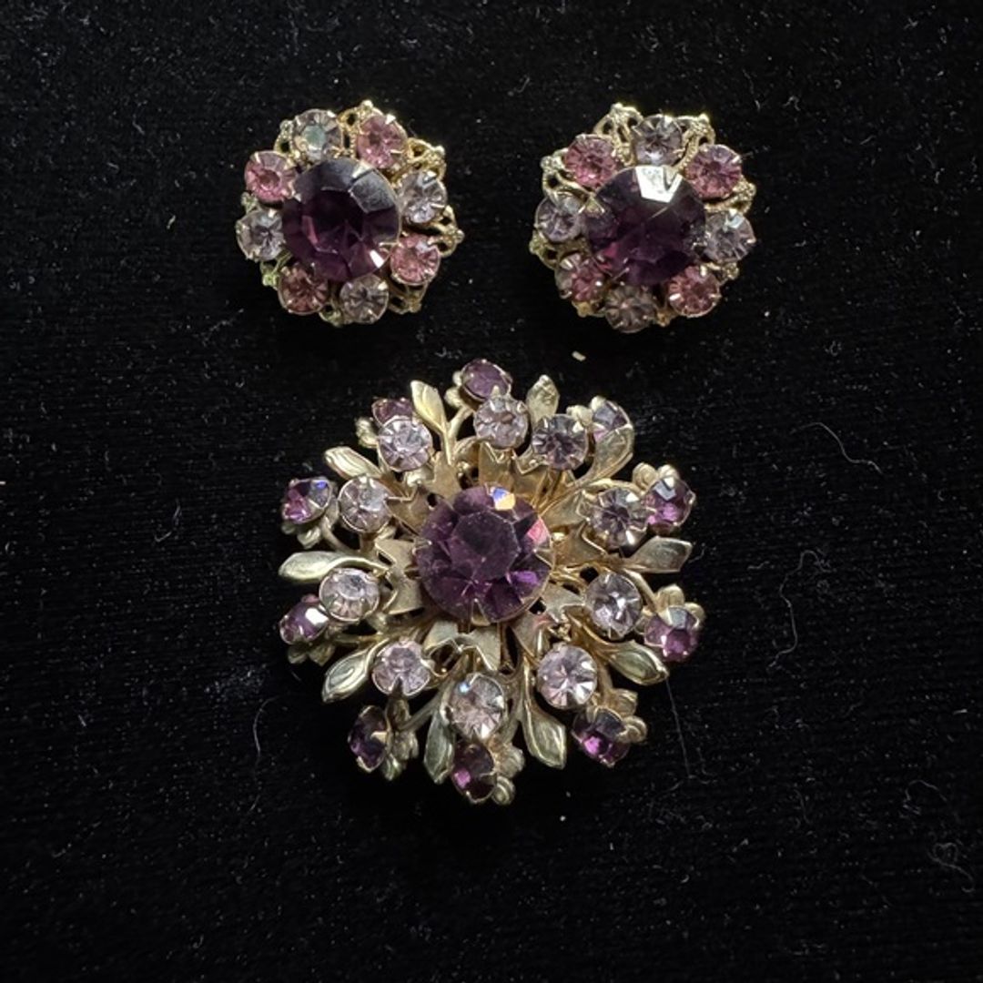 Vintage Purple and Pink Brooch and Earrings Set