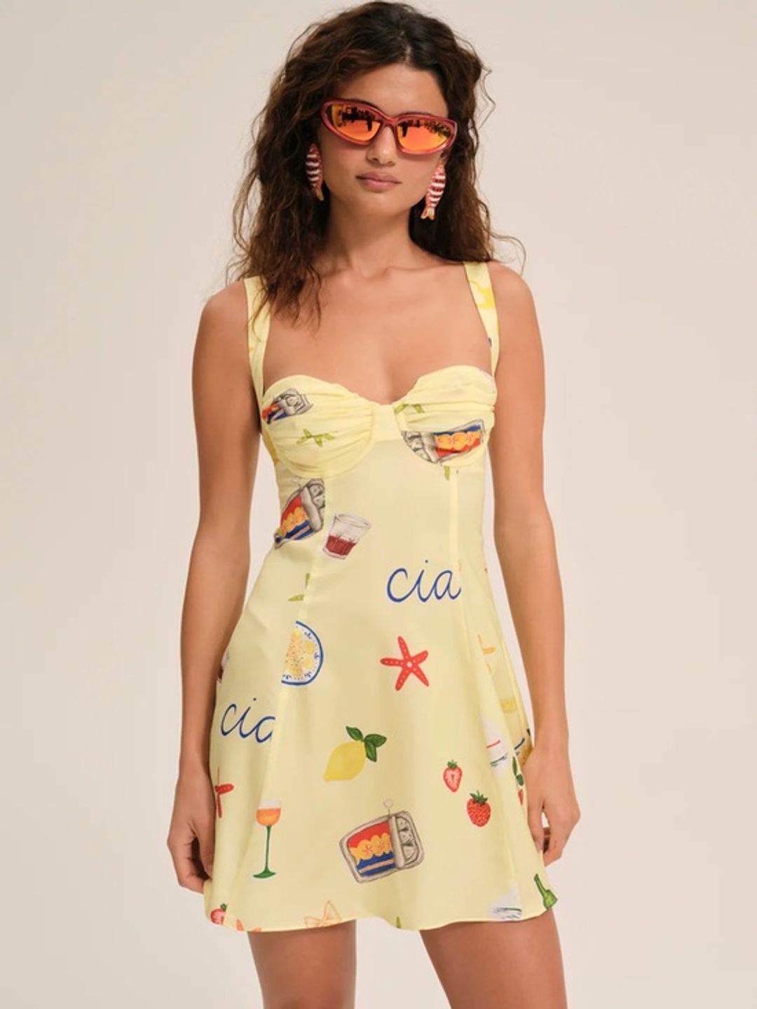For Love & Lemons Ciao Yellow Printed Sweetheart Mini Dress