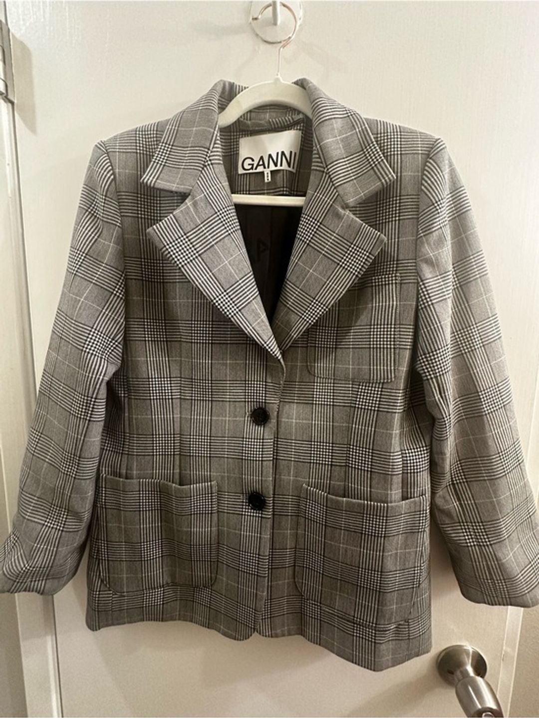 Ganni Black and Gray Glen Plaid Blazer