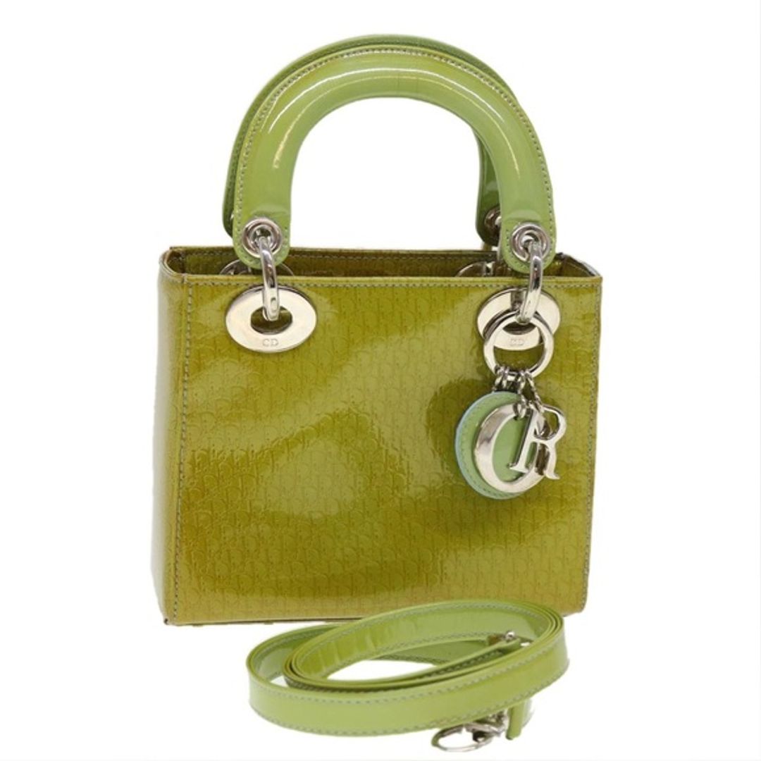 Lady Dior Patent Green Leather Trotter Embossed Bag with Strap