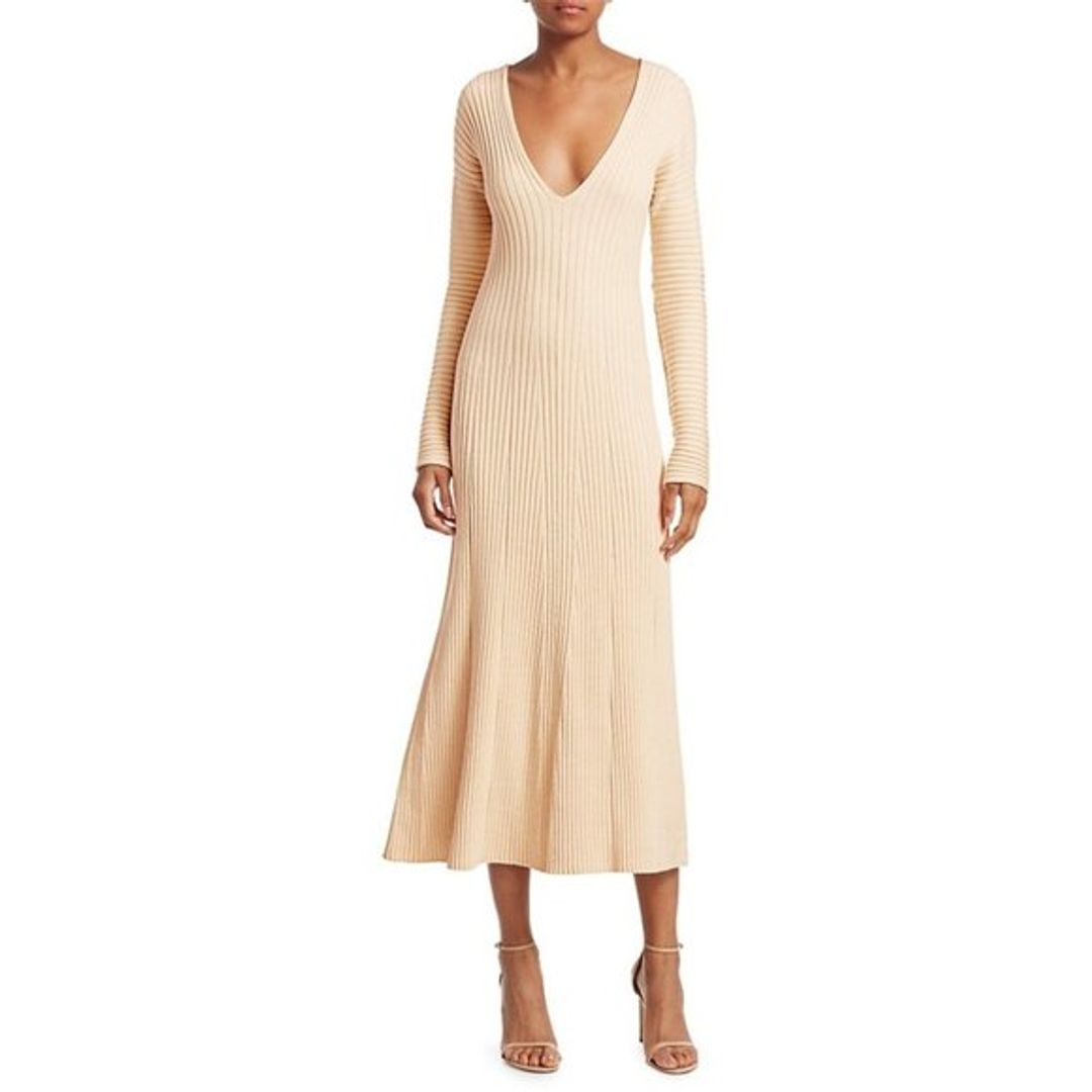 AMUR Fawn Rib-Knit V-Neck Midi Dress, M