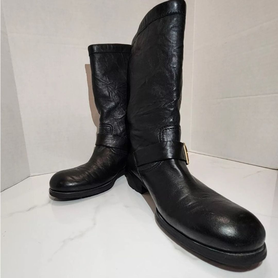 Jimmy Choo Black Crinkle Leather Ankle Biker Moto Boots