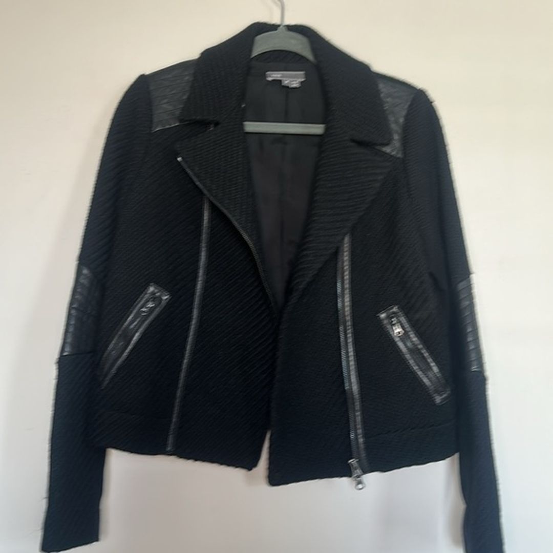Vince Black Leather Trimmed Bouclé Moto Jacket, M