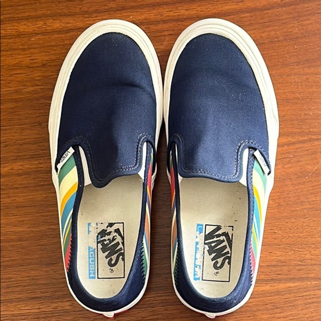 Vans Navy Slip-On Sneakers with Multicolor Stripes