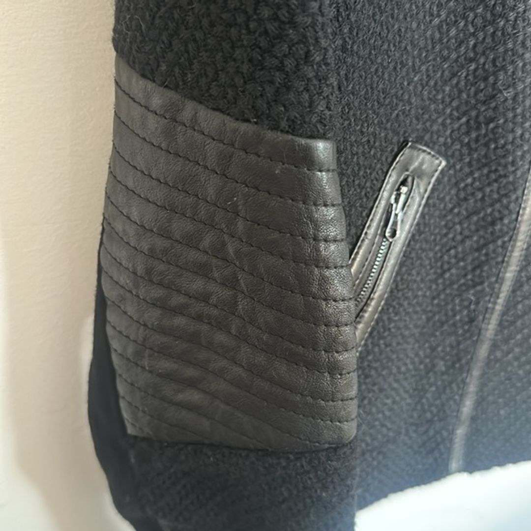 Vince Black Leather Trimmed Bouclé Moto Jacket, M