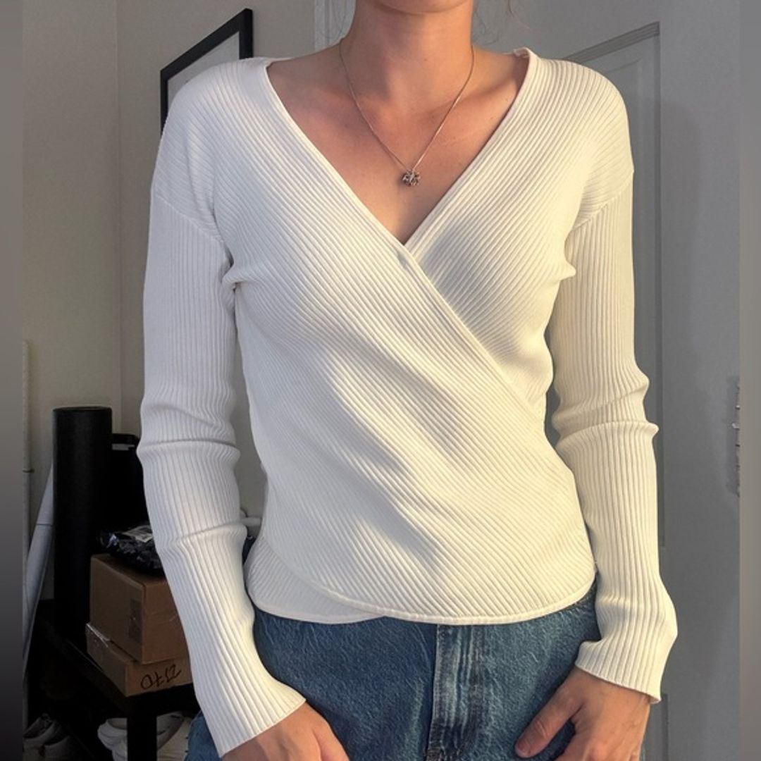 Jonathan Simkhai V-Neck Long Sleeve ribbed wrap Top size xs white