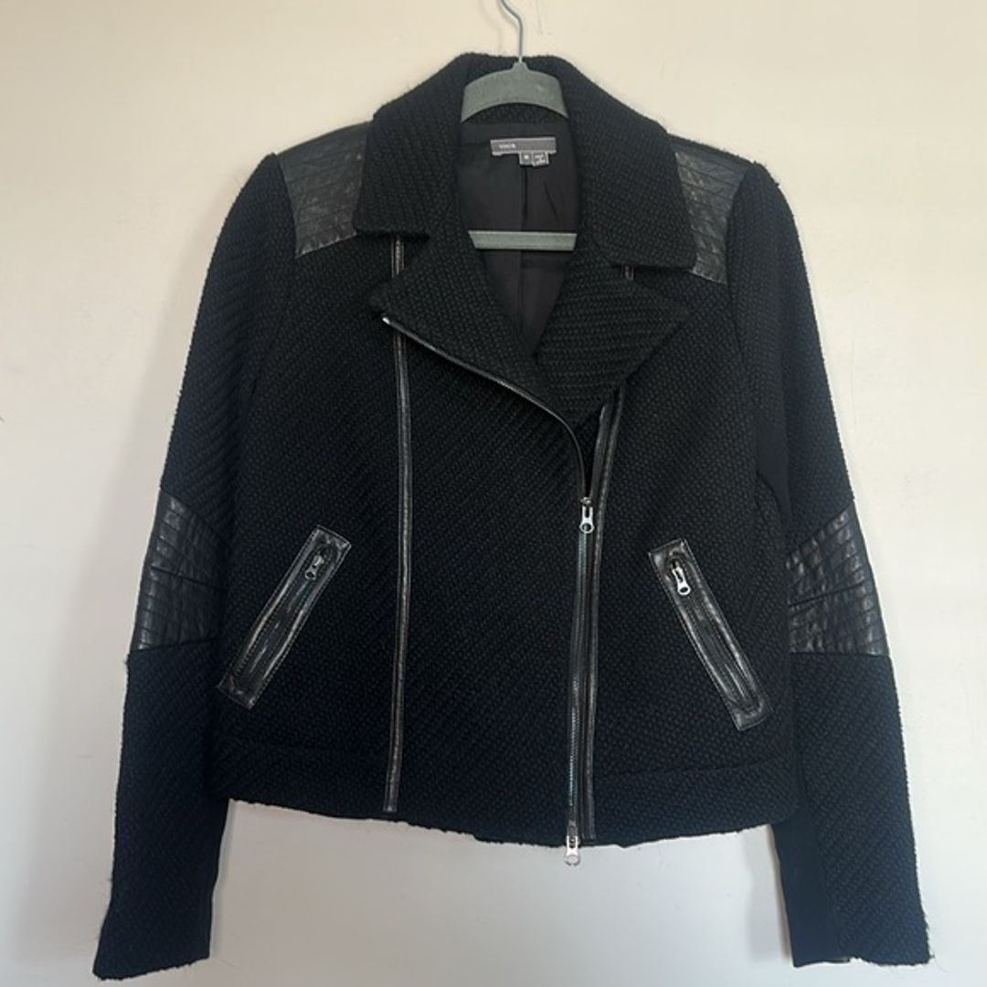 Black Leather Trimmed Bouclé Moto Jacket