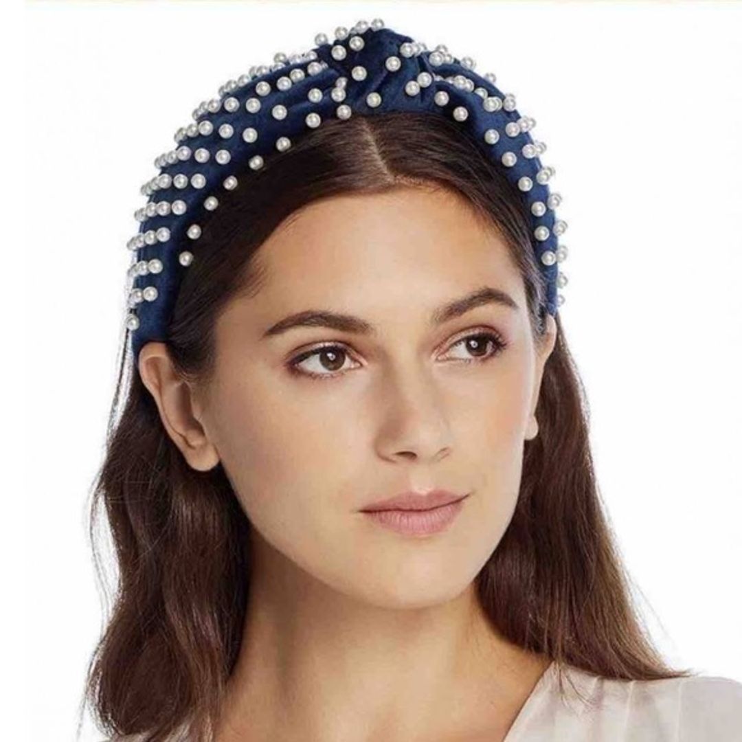Velvet Headband in Navy with Pearls