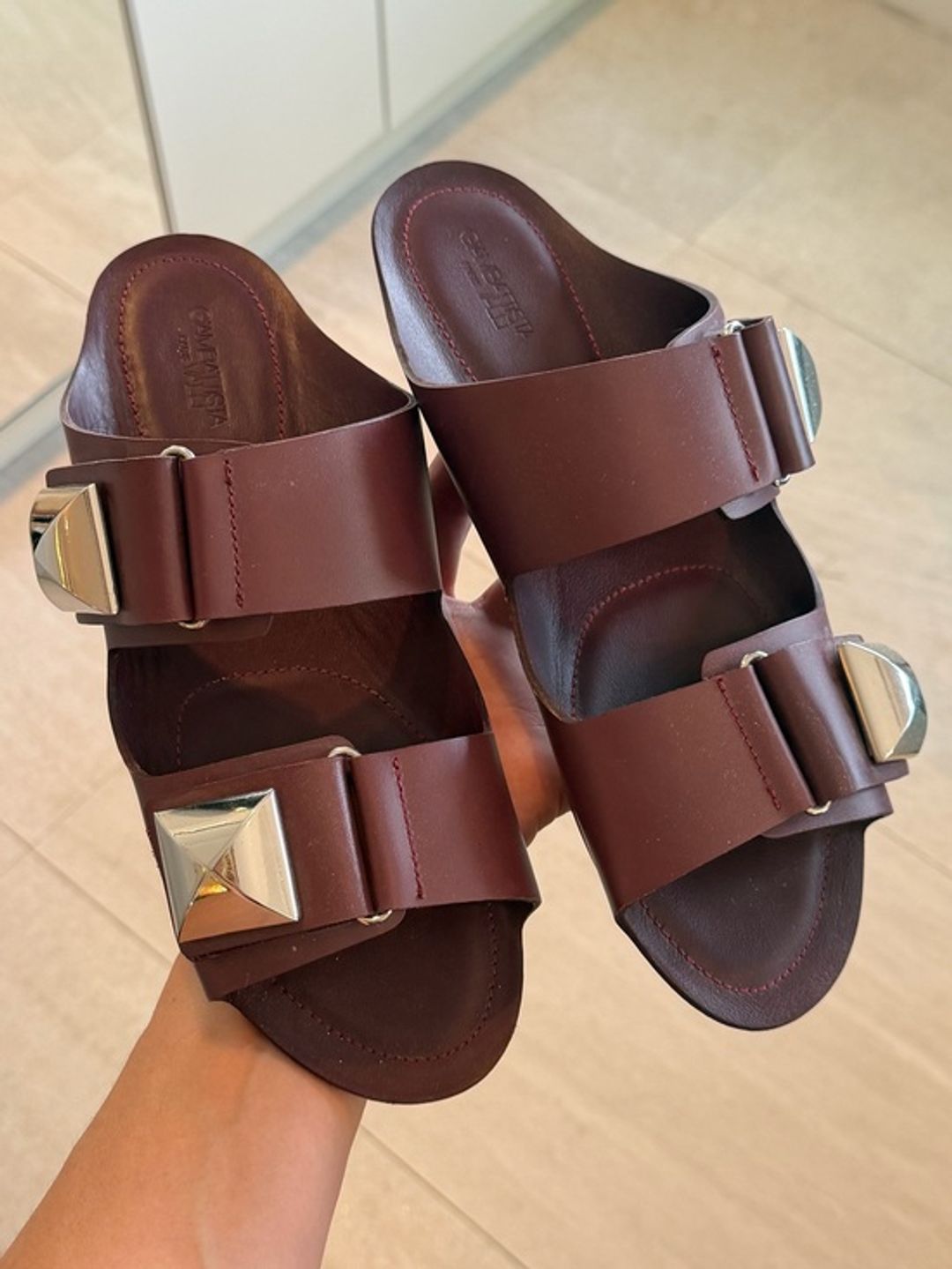 Wine Studded Leather Slide Sandals