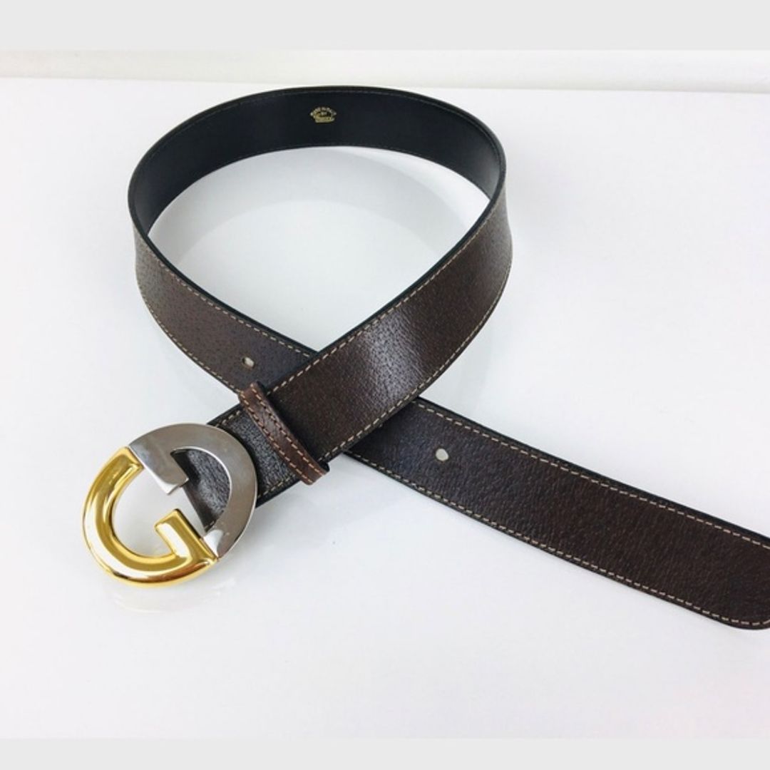 Gucci Vintage 1990s GG Gold & Silver Buckle Brown Leather Belt