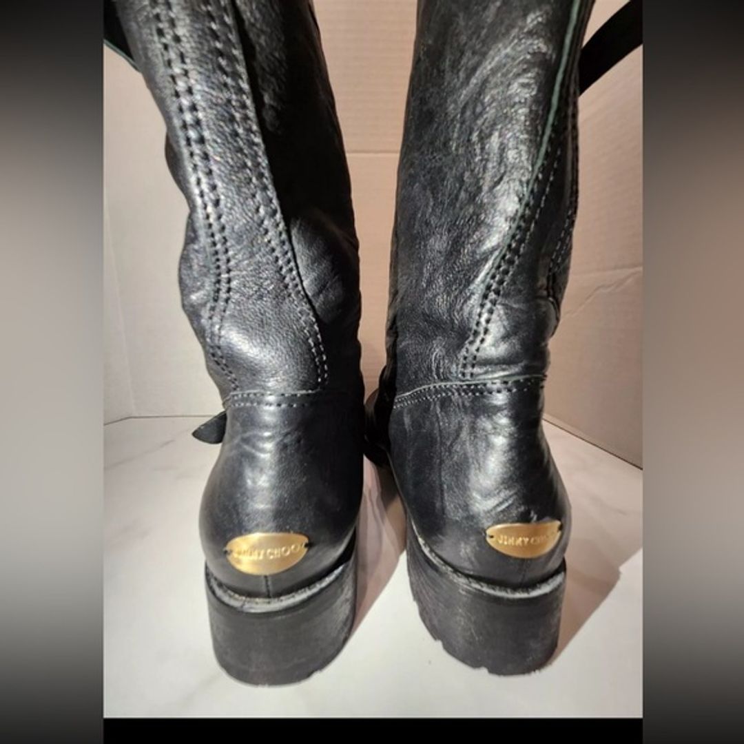 Jimmy Choo Black Crinkle Leather Ankle Biker Moto Boots