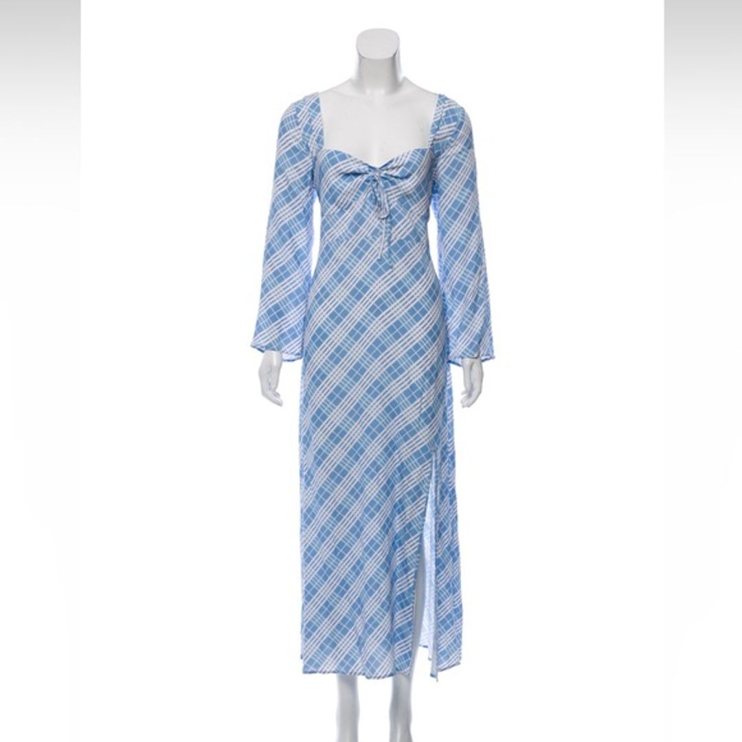 RIXO blue white striped plaid maxi dress with ruched neckline size medium