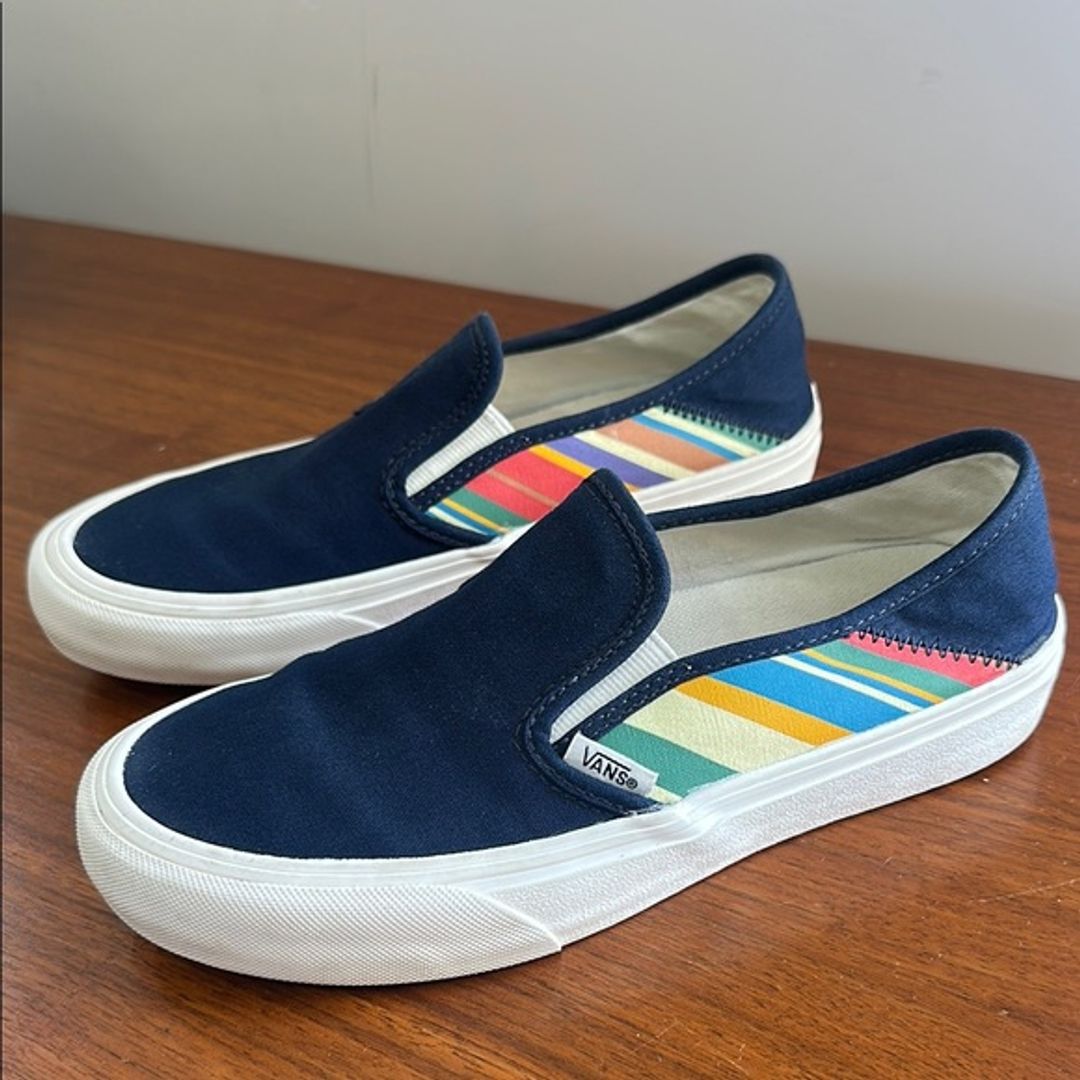 Vans Navy Slip-On Sneakers with Multicolor Stripes