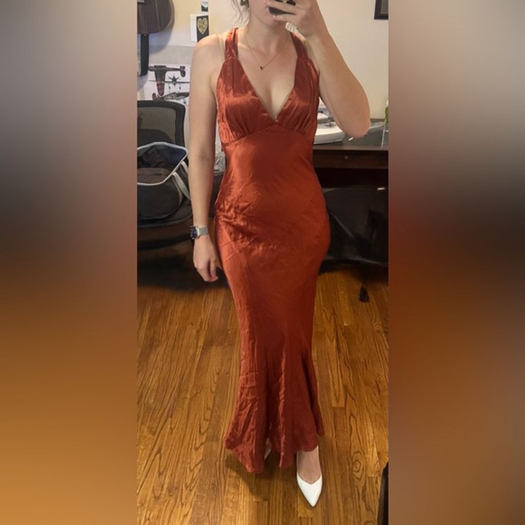 Vintage Rust Orange satin Maxi Dress Low Back 2000s 90s style medium like new