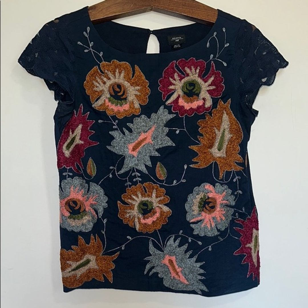 Anthropologie Blue Embroidered Floral Top