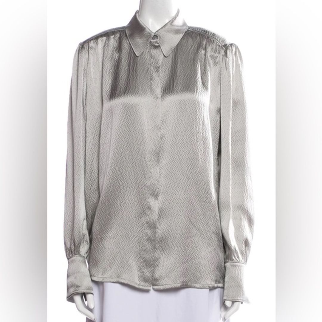 Escada Silk Silver Button-Up Collared Long-Sleeve Shirt in Very Good Condition