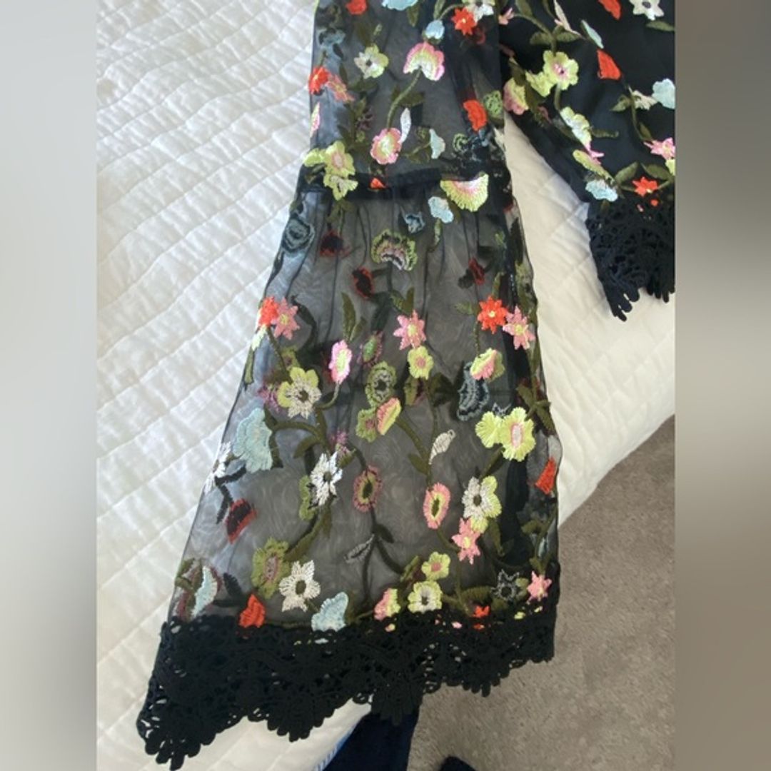 Long Bell Sleeve Embroidered Flower Top