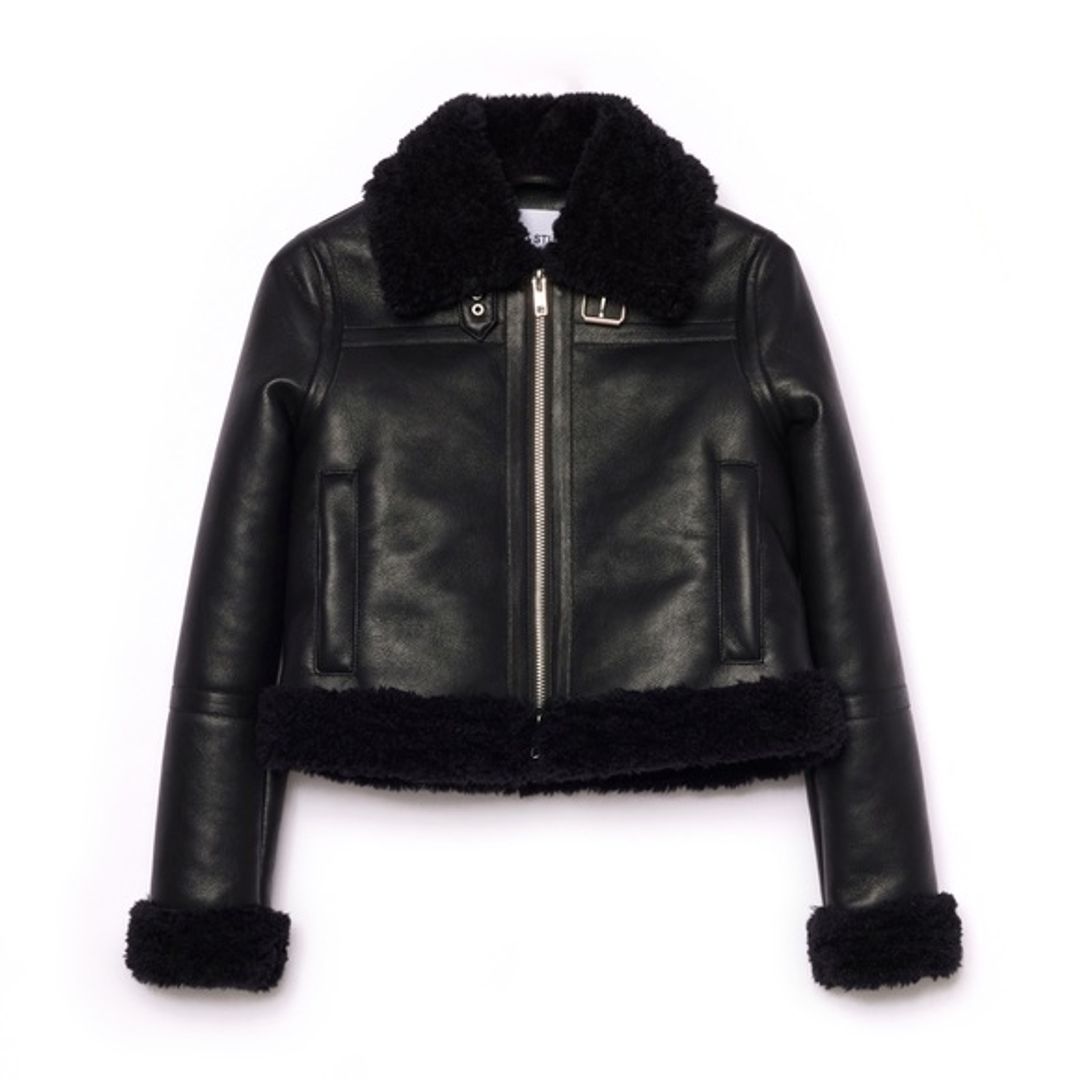 Black Leather Sherpa Shearling Faux Fur Cropped Jacket