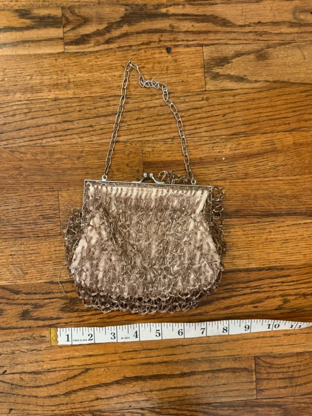 Champagne Beaded Satin Vintage Evening Bag Copper Gold with chain strap