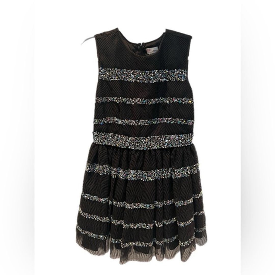 Black Crystal Embellished Mesh Flared Short Dress