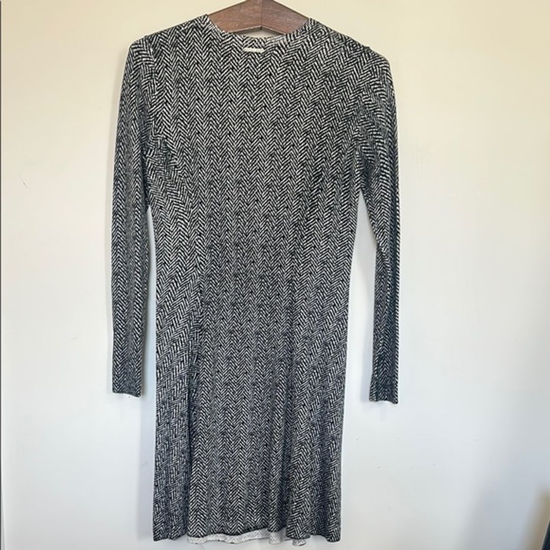 Michael Kors Black and White Herringbone Fit & Flare Sweater Dress