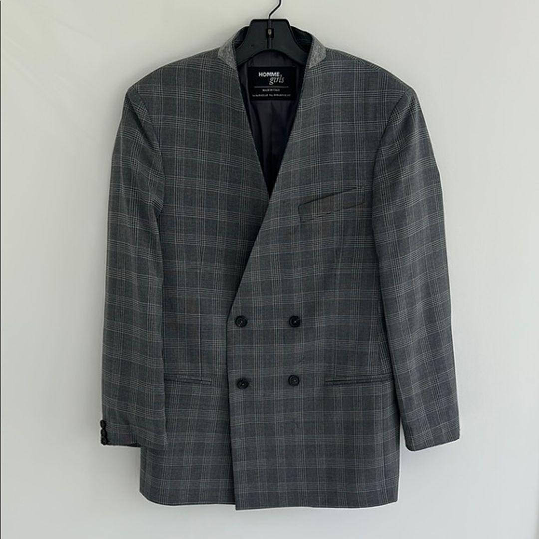 HommeGirls Checked Double-Breasted Gray Blazer