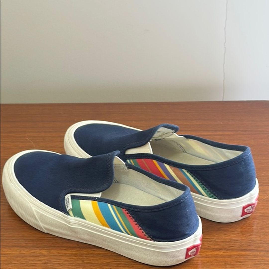 Vans Navy Slip-On Sneakers with Multicolor Stripes