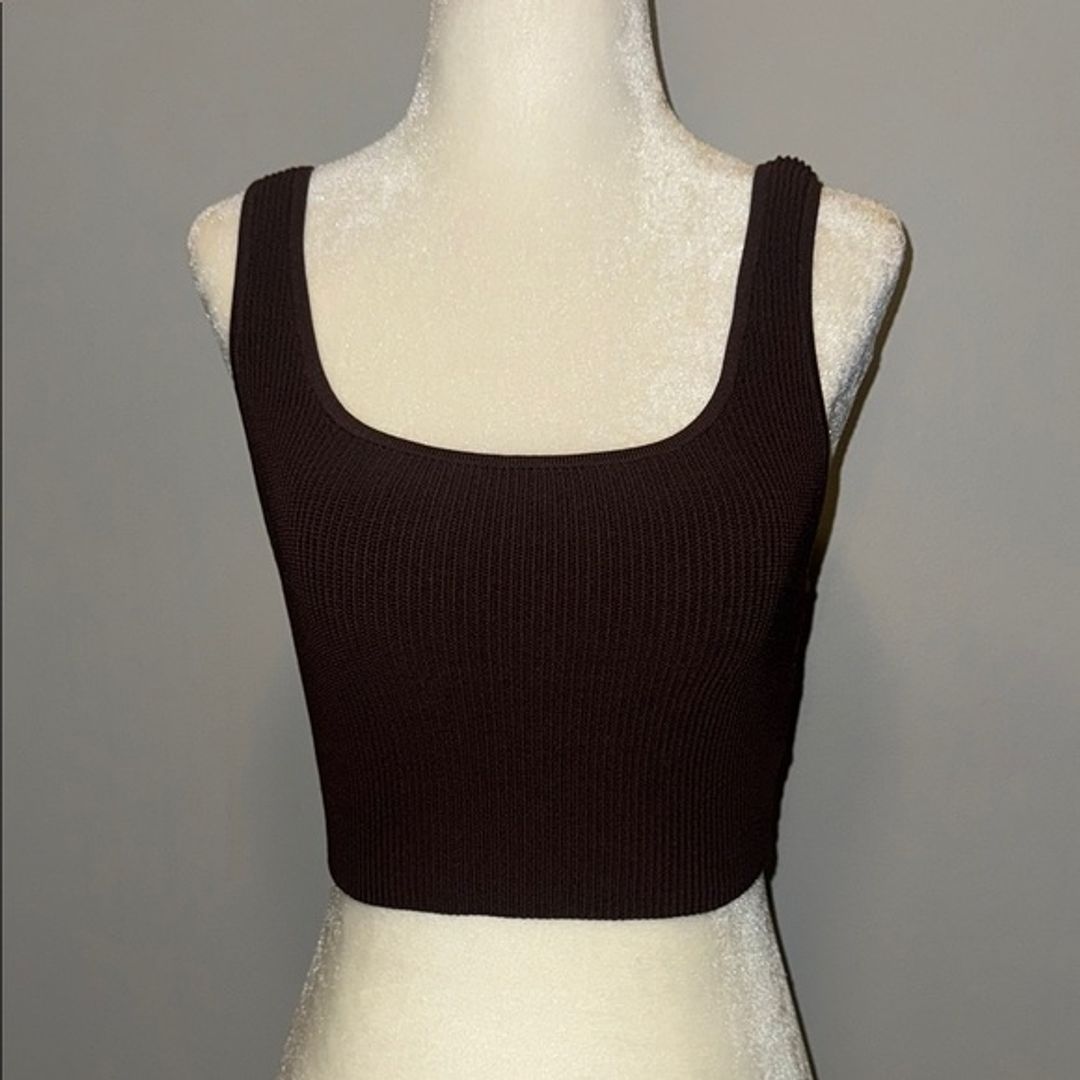 Babaton Brown Ribbed Sleeveless Crop Tank Top