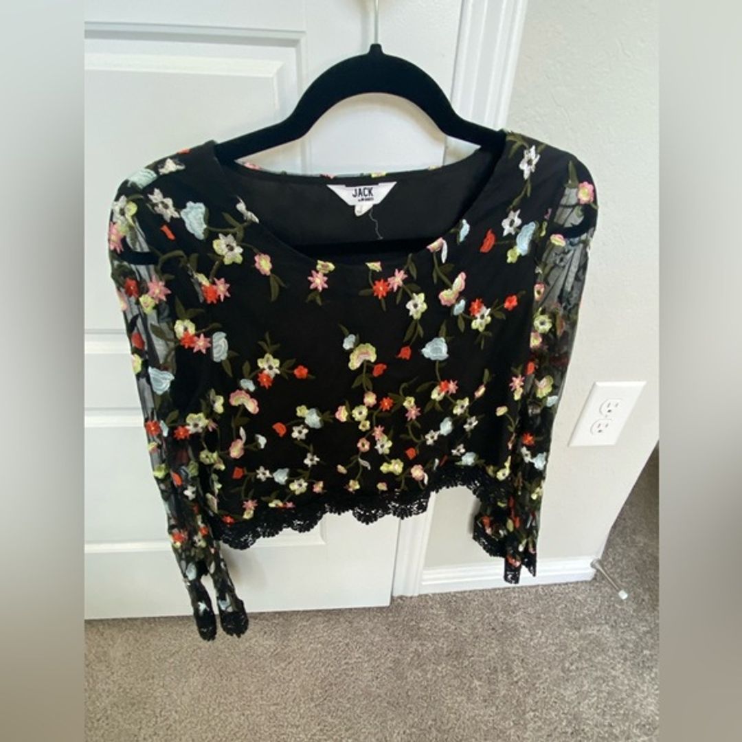 Long Bell Sleeve Embroidered Flower Top