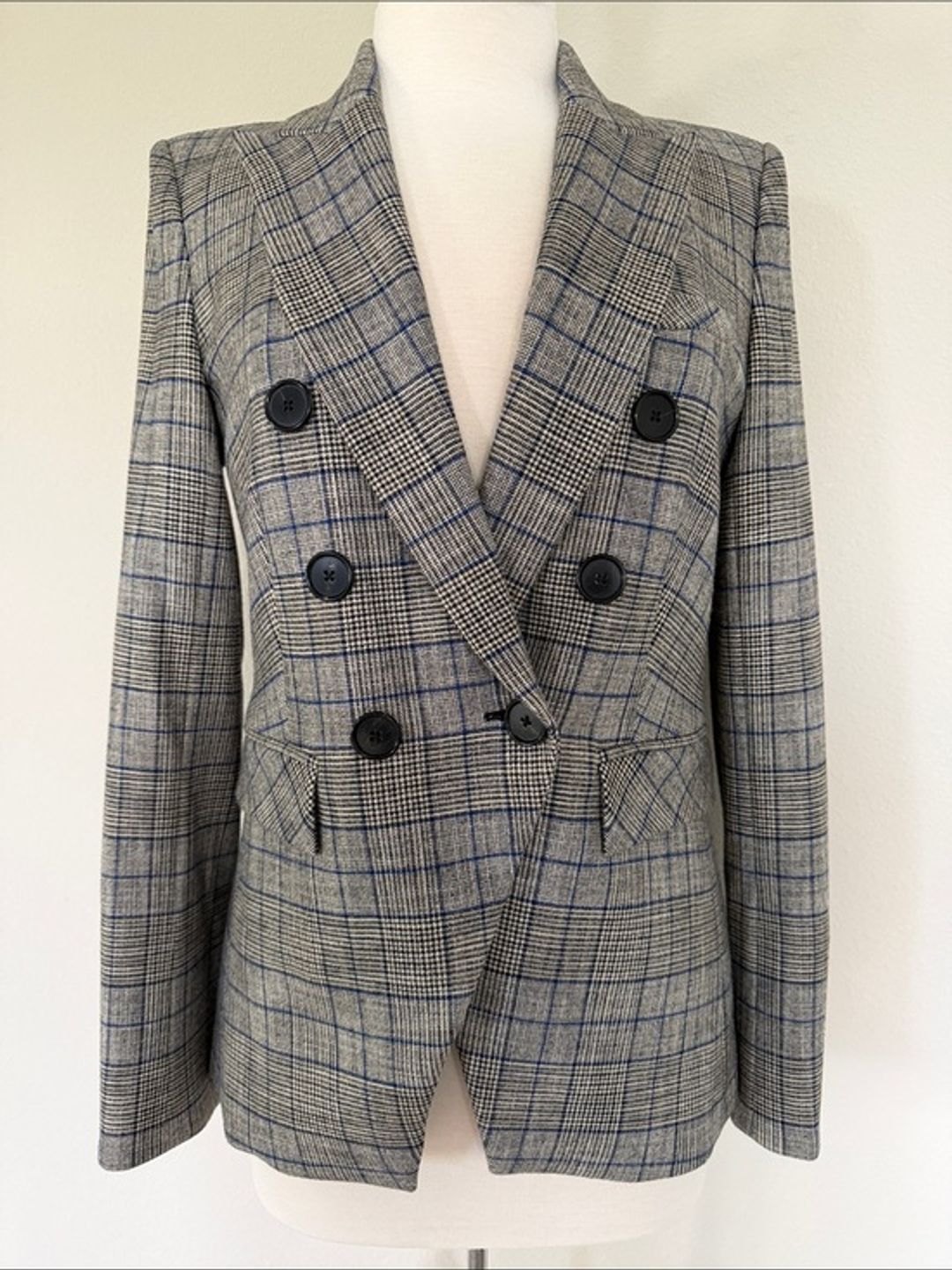 Veronica Beard Double-Breasted Plaid Blazer in Gray and Blue