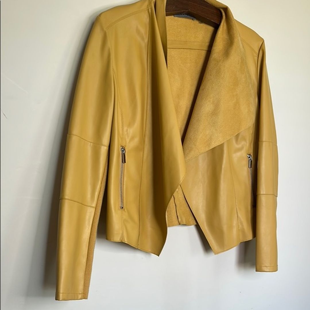 Bagatelle Faux Leather Moto Jacket with Design and Draped Lapel