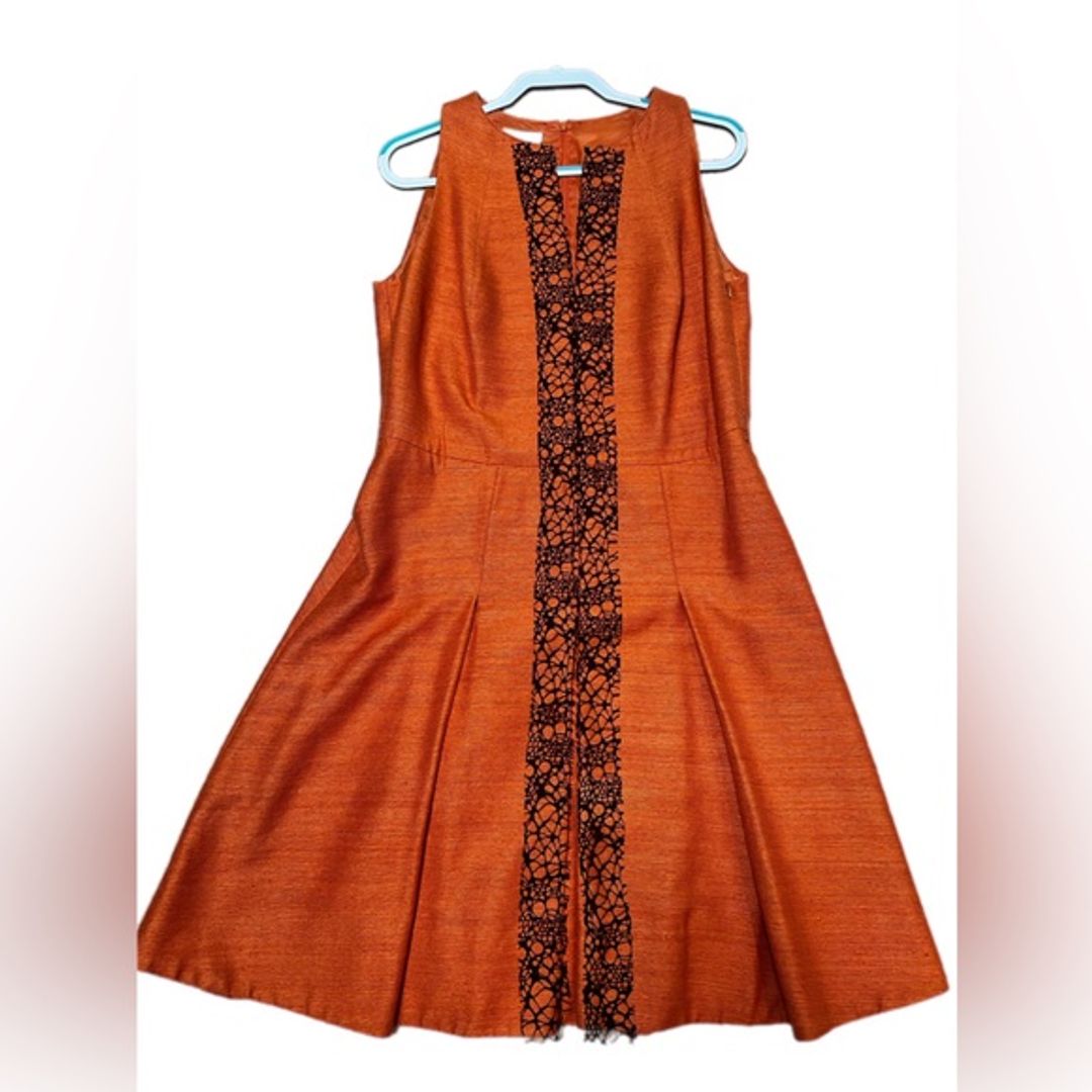 RARE Vintage Akris Punto silk orange knee-length pleated flared dress lace