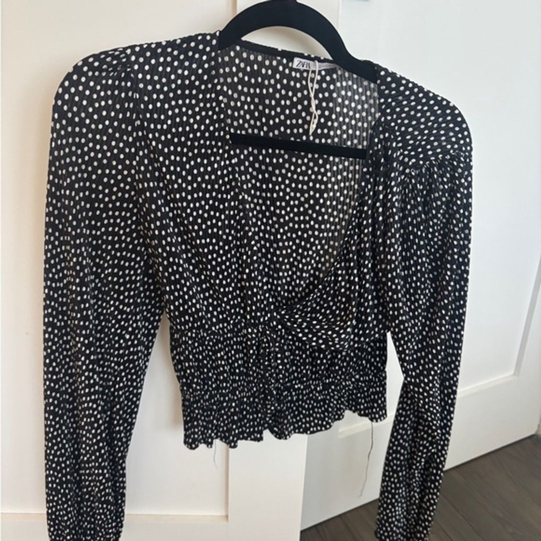 Zara Black & White Polka Dot Blouse with Balloon Sleeves