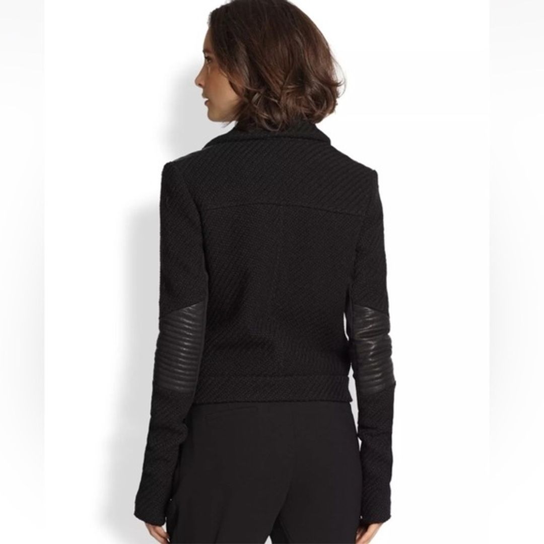 Black Leather Trimmed Bouclé Moto Jacket #2
