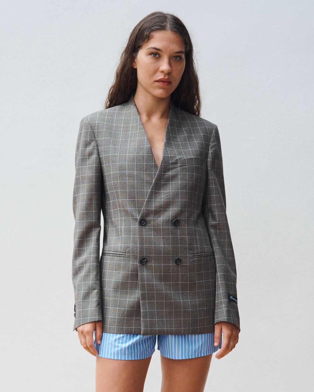 Checked Double-Breasted Gray Blazer