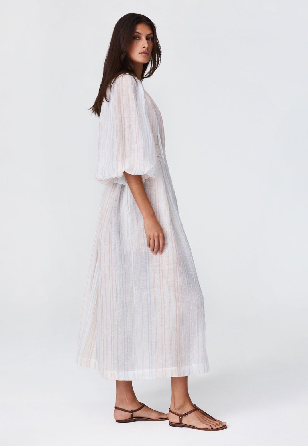 THE POET DRESS in WHITE & PINK & BLUE STRIPED GAUZE #4