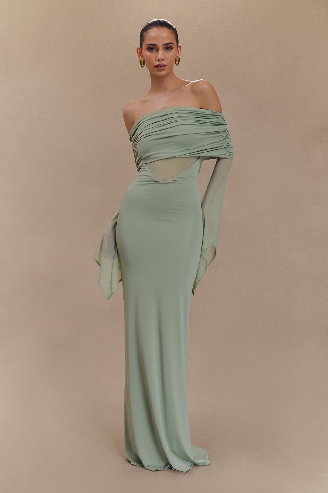 Kaitlin One Shoulder Slinky And Mesh Maxi Dress - Basil