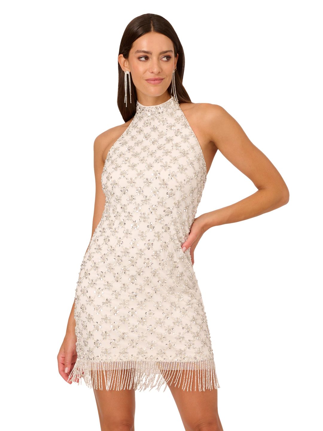 Liv Foster Sequin Beaded Halter Dress With Fringe Trim In Ivory