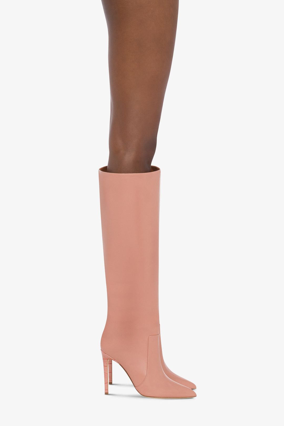 Pointed knee-high boots in smooth Texas pink leather #6