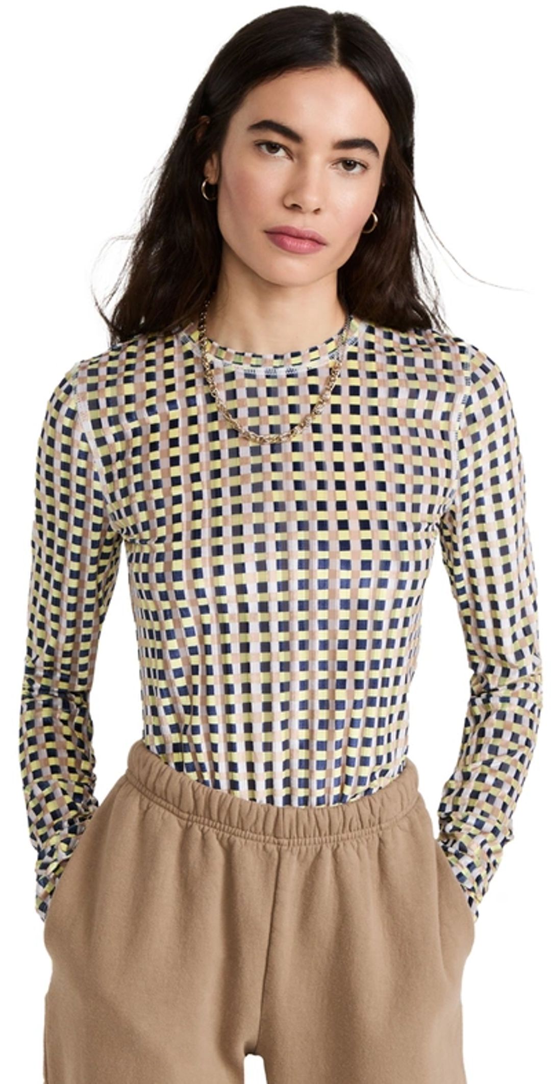 Velvet Devore Long Sleeve Top In Gingham Yellow #2