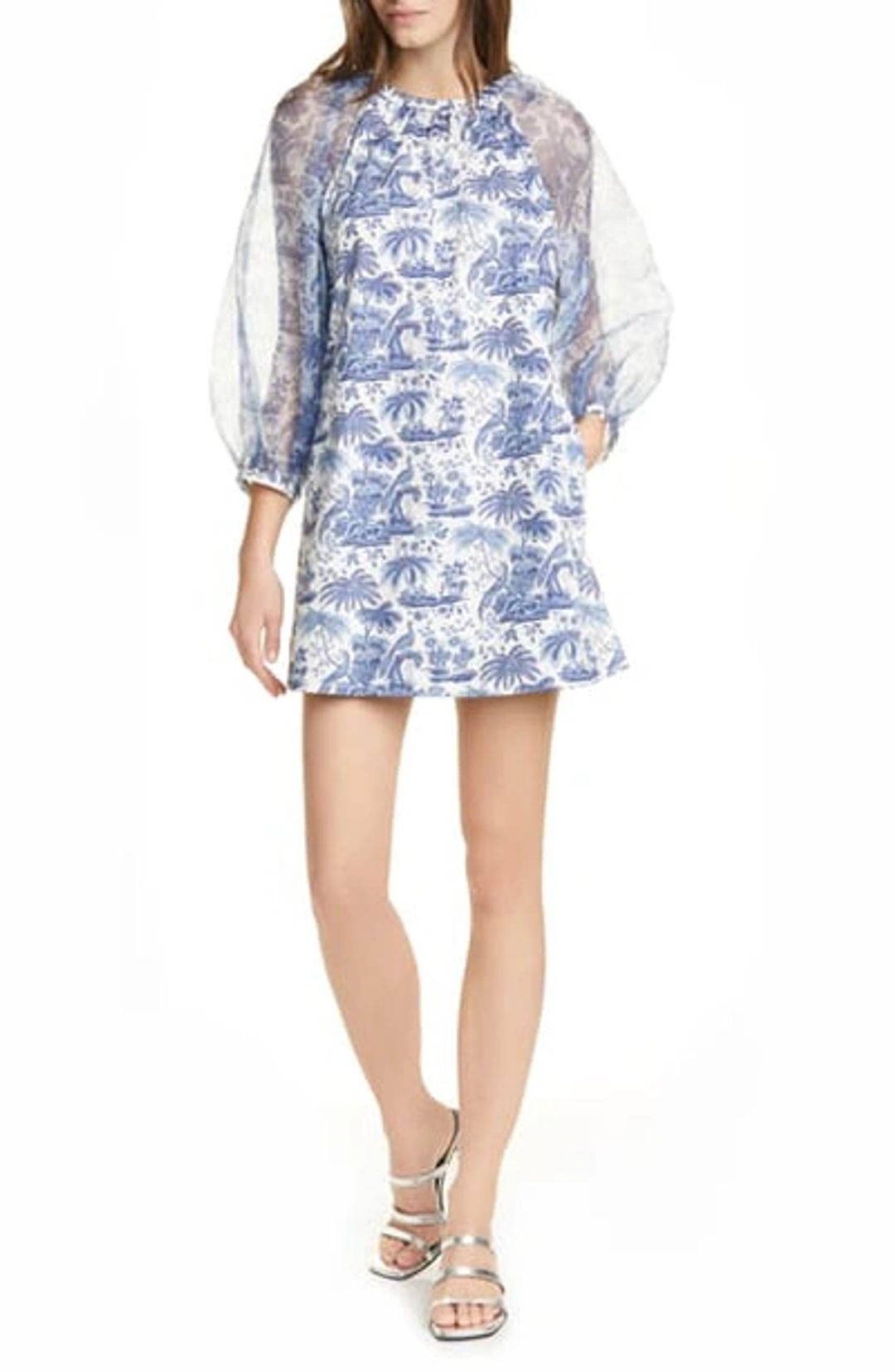 Garden Balloon Sleeve Shift Dress In China Blue Toile
