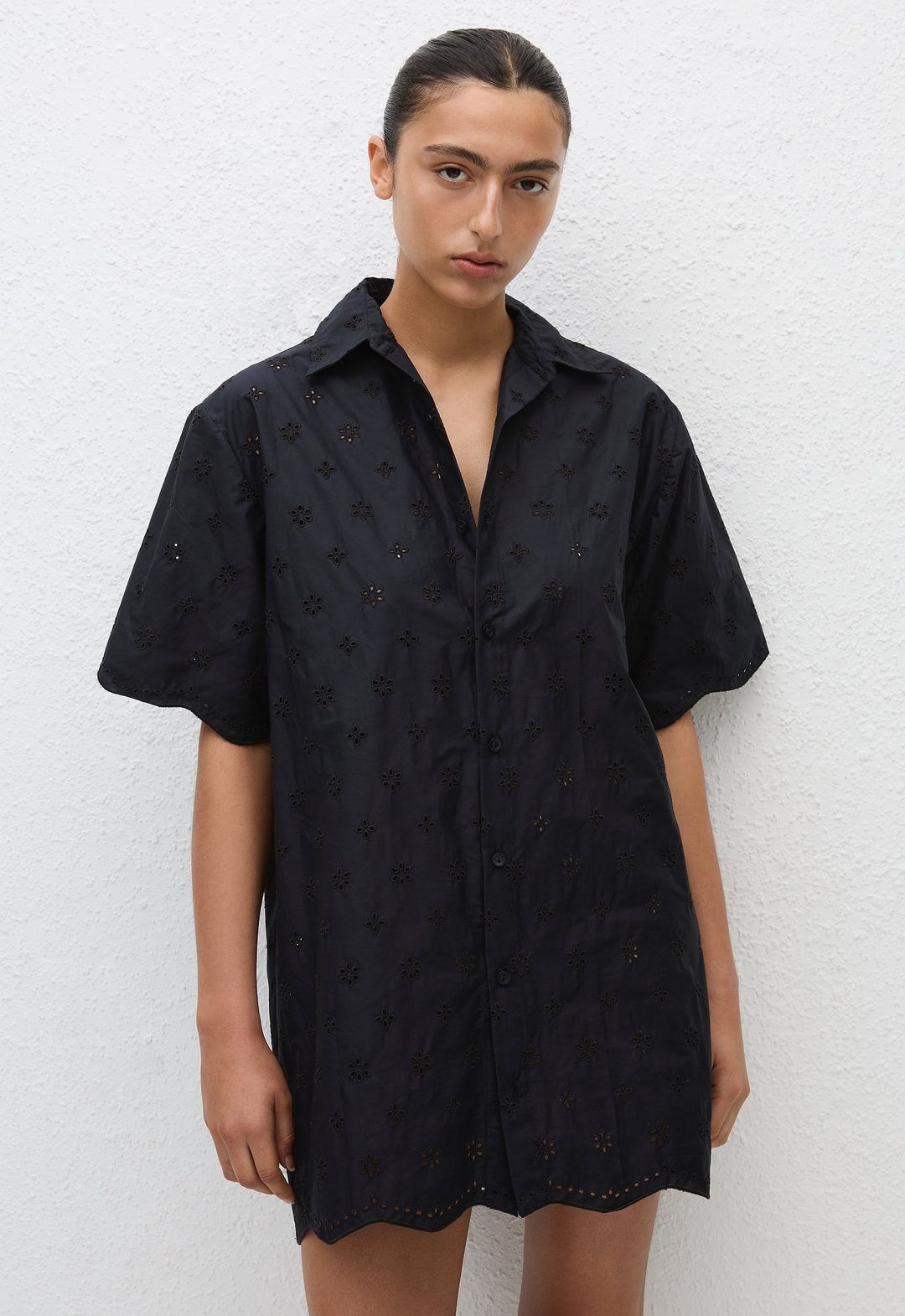 Broderie Mini Shirt Dress - Floral Broderie (Black