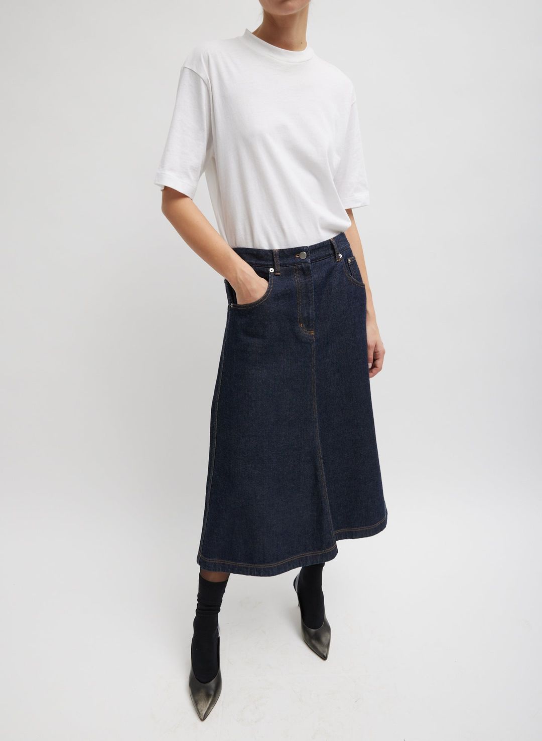 Indigo Denim Midi A-Line Skirt #5