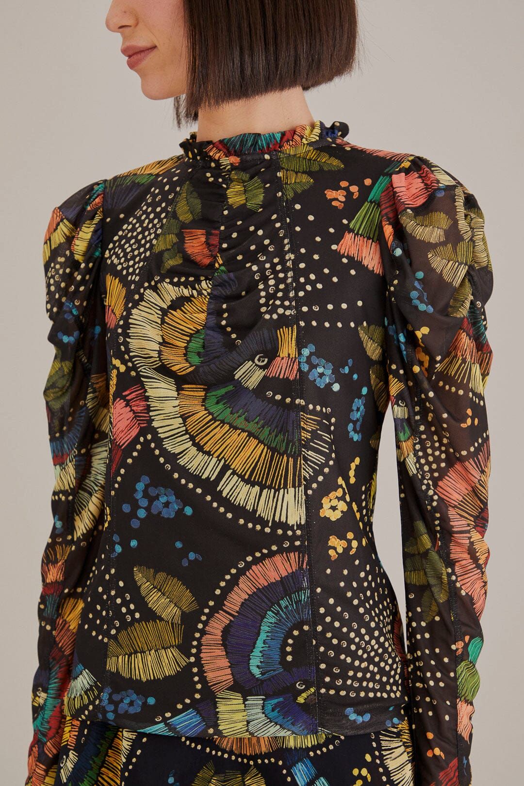 Black Colorful Birds Tulle Blouse #5